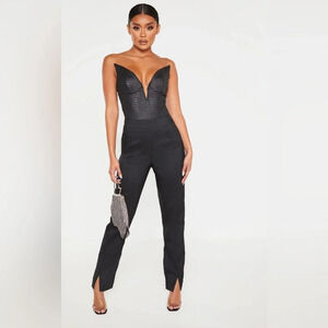 Pretty Little Thing Black Faux Leather Croc Deep V Bodysuit Size 10 NWT